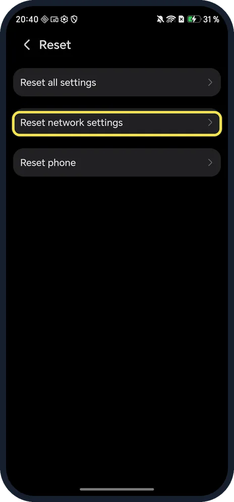 Android screenshot: Reset network settings