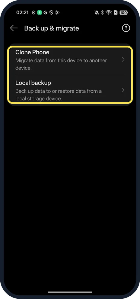 Android screenshot: Clone Phone and Local backup