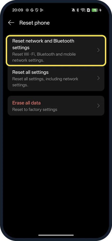 Android screenshot: Reset network and Bluetooth settings