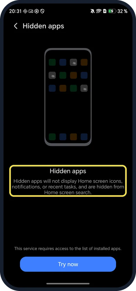 Android screenshot: Hidden apps