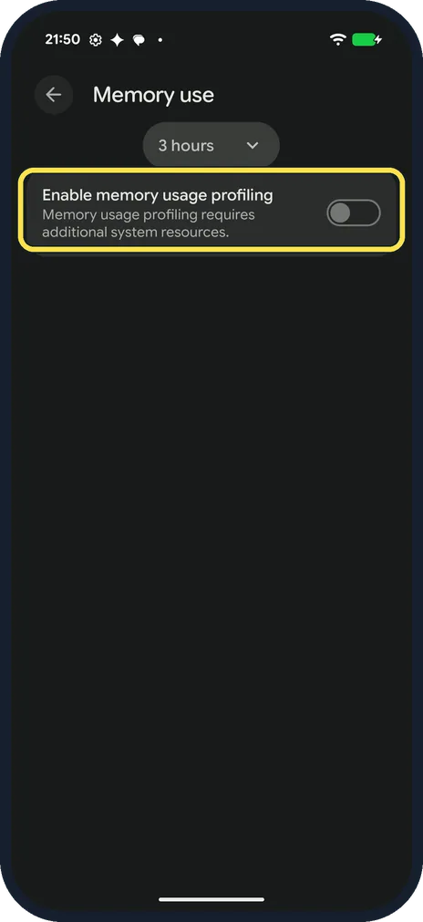 Android screenshot: Memory use with profiling off