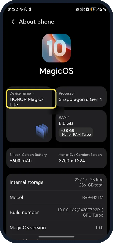 Android screenshot: Device name