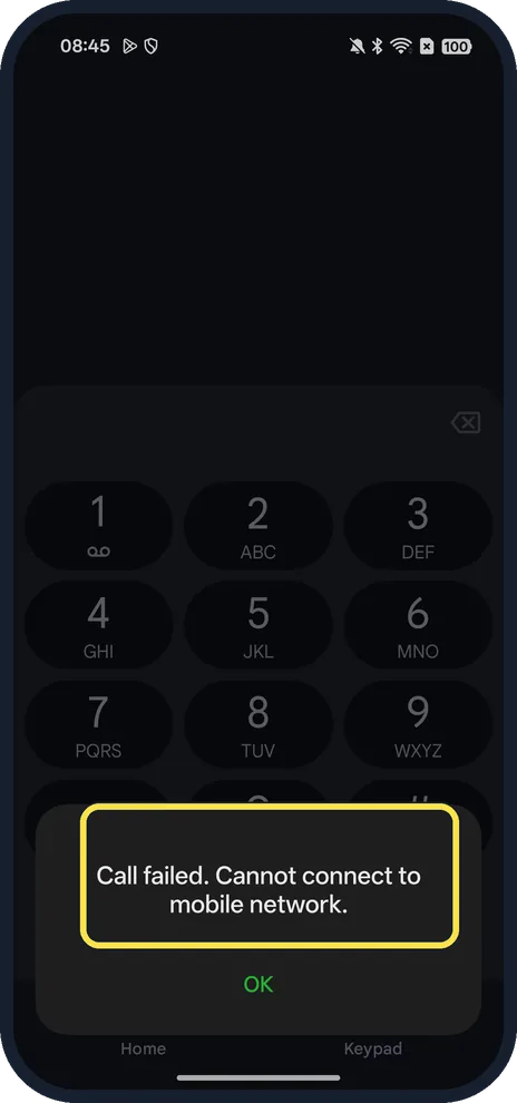 Android screenshot: Call failed