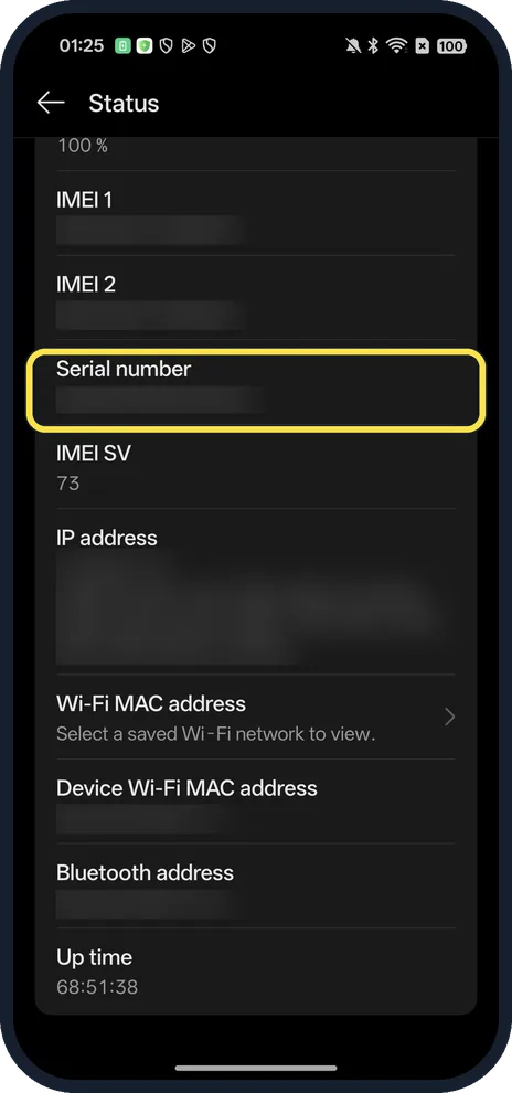 Android screenshot: Serial number