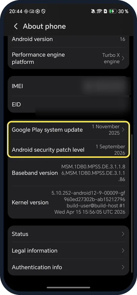 Android screenshot: Google Play update and security patch