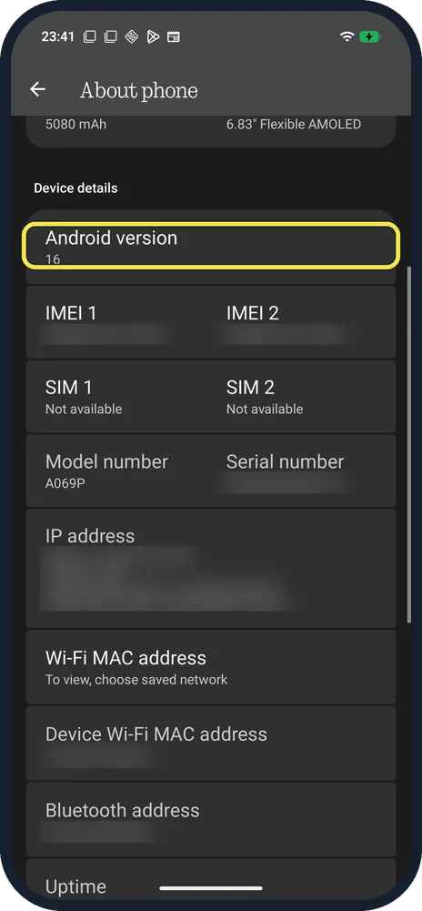 Android screenshot: Android version