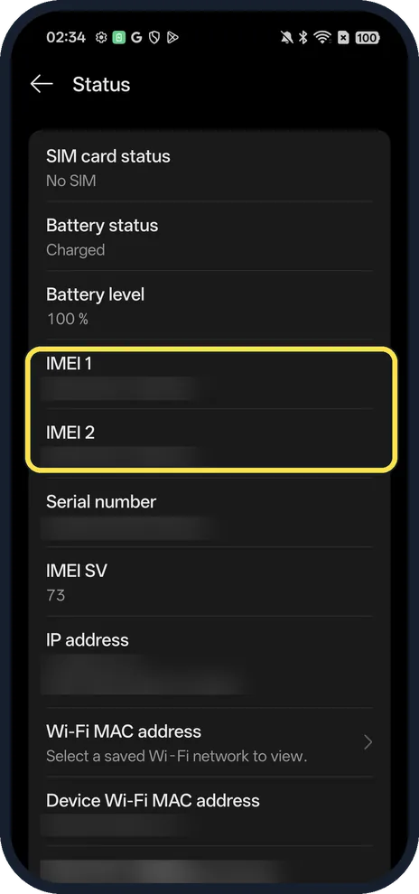 Android screenshot: IMEI 1 and 2 (blurred)