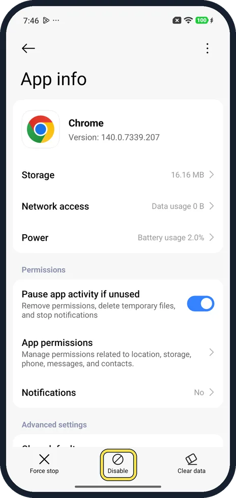 Android screenshot: Disable button in the App info bar