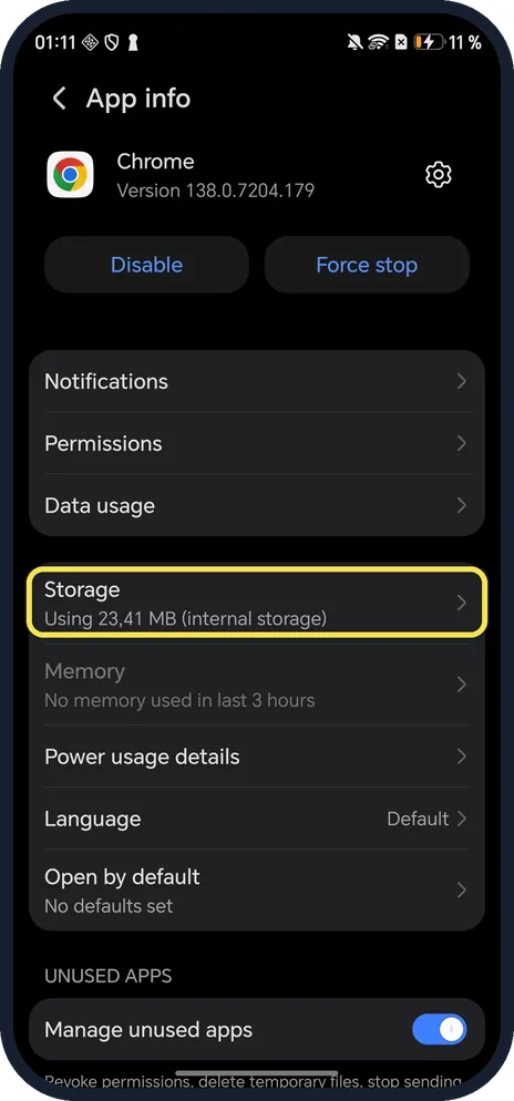 Android screenshot: Storage