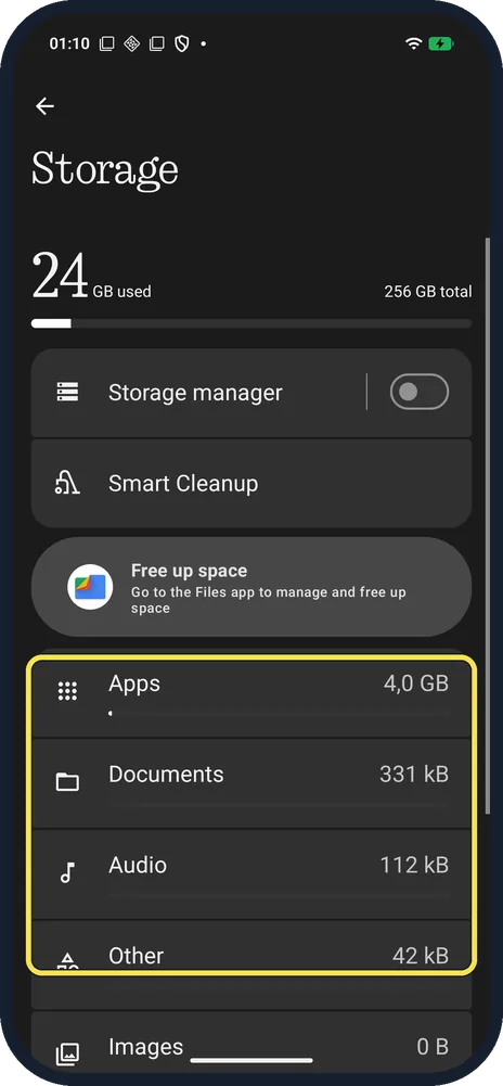 Android screenshot: Storage by type