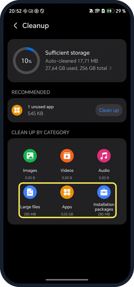 Android screenshot: Clean up by category