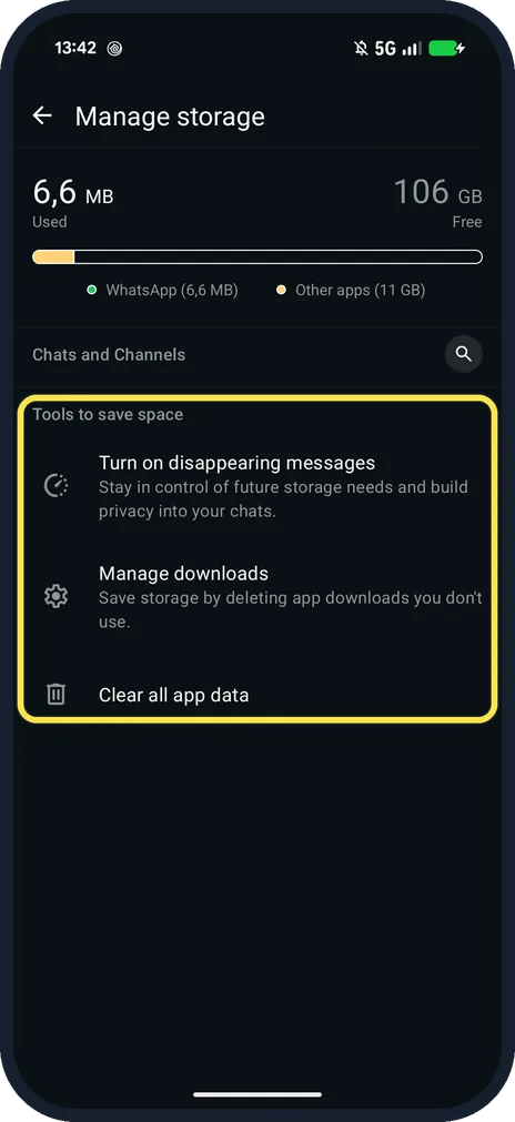 Android screenshot: Tools to save space