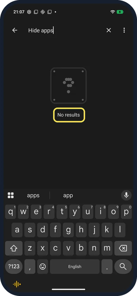 Android screenshot: No results in Settings