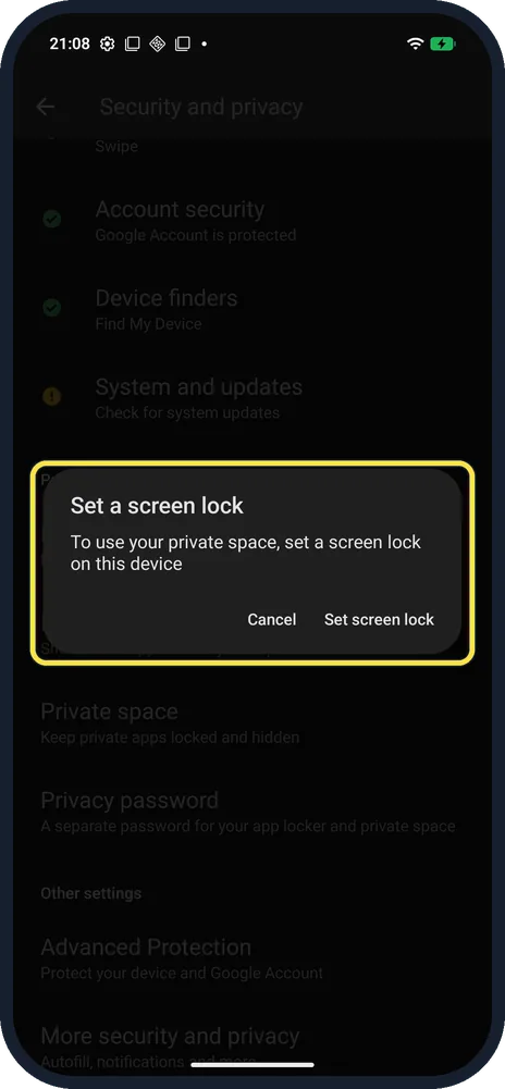 Android screenshot: Private space asks for a screen lock