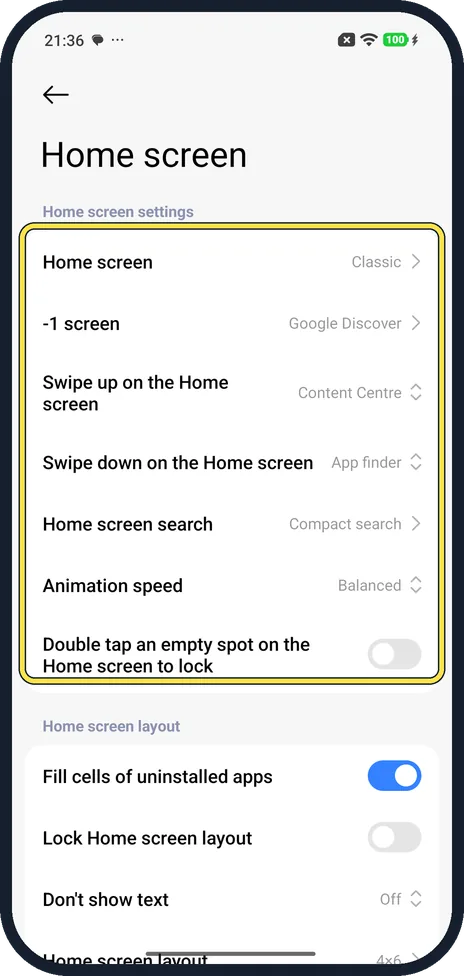 Android screenshot: Home screen settings with no Hide apps row