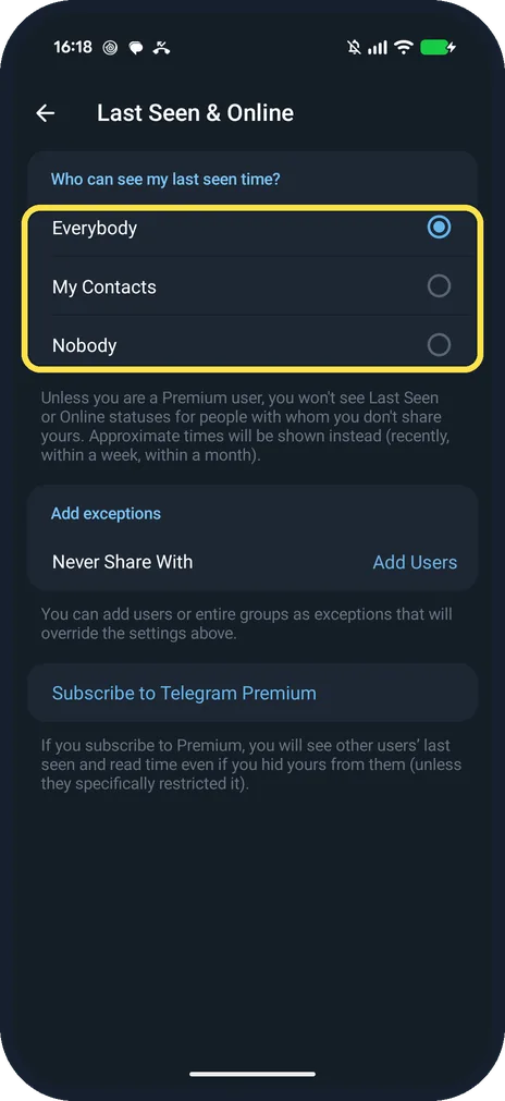 Android screenshot: Everybody selected, no Hide Read Time