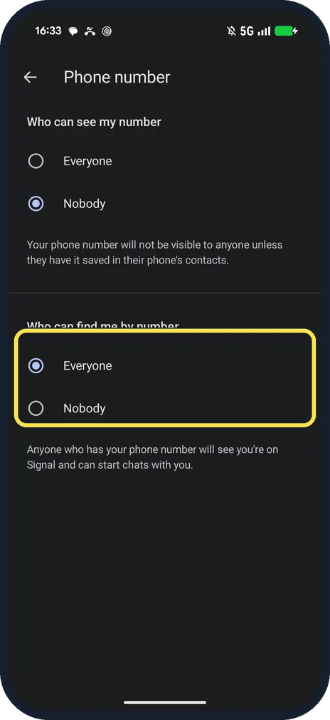 Android screenshot: Who can find me by number Everyone Nobody