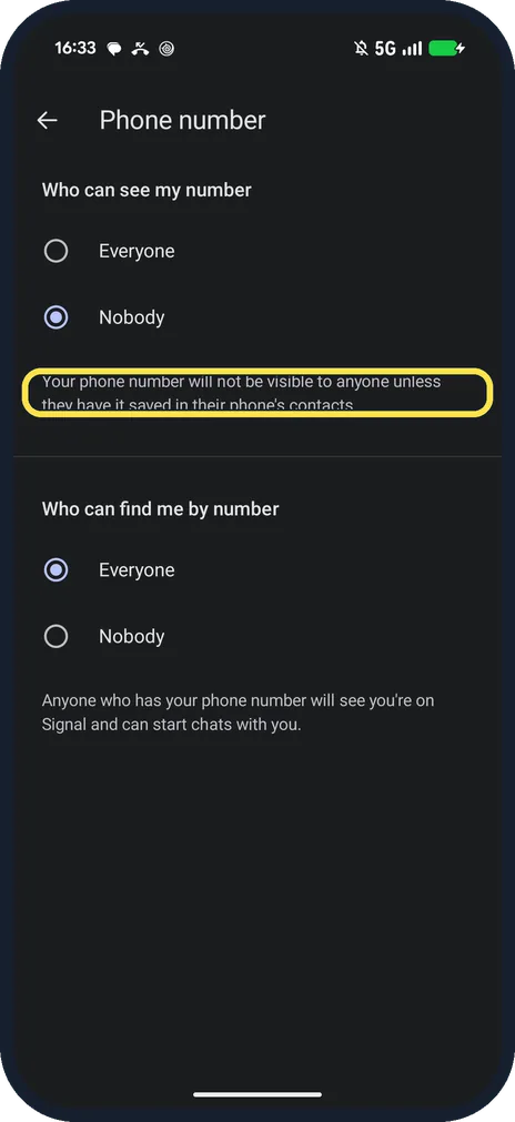Android screenshot: Your phone number will not be visible
