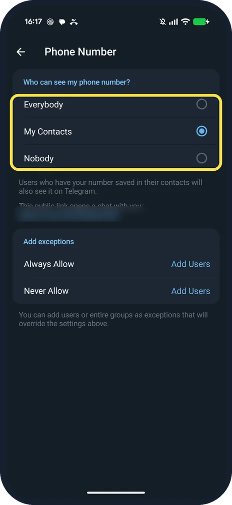Android screenshot: Who can see my phone number