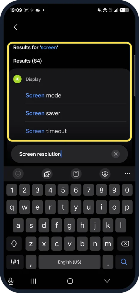 Android screenshot: Screen resolution search on our Galaxy A57