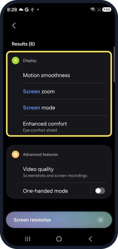 Android screenshot: Screen resolution search on our Galaxy S26: Motion smoothness, Screen zoom, Screen mode