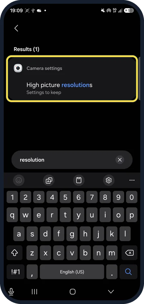 Android screenshot: High picture resolutions in Camera settings, the only resolution result on our Galaxy A57