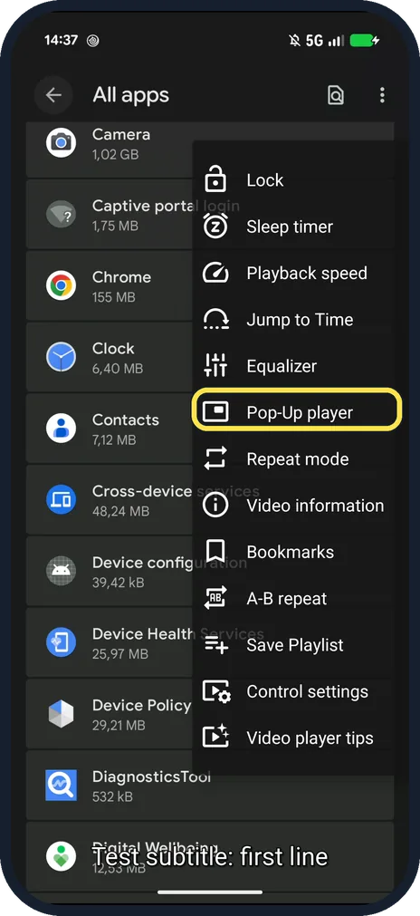 Android screenshot: Pop-Up player