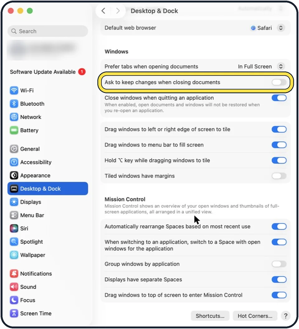 Mac screenshot: Scroll to Windows and switch on Ask to keep changes when closing documents