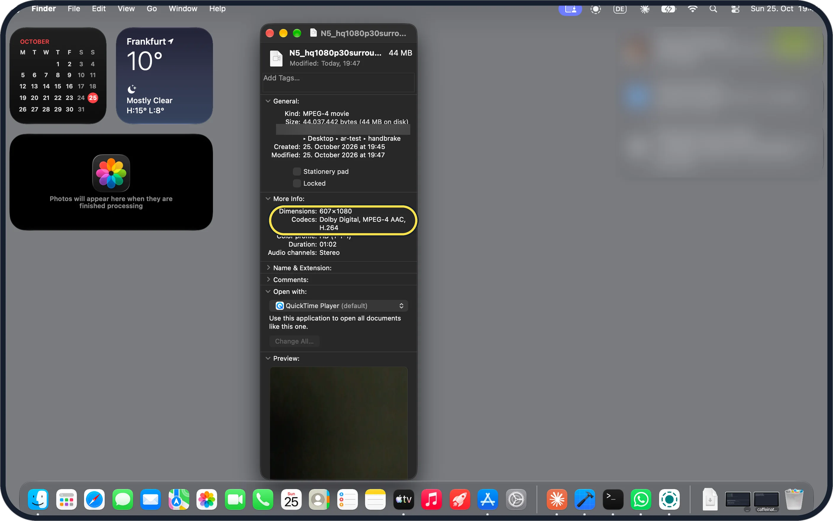 Mac screenshot: Codecs Dolby Digital, MPEG-4 AAC, H.264