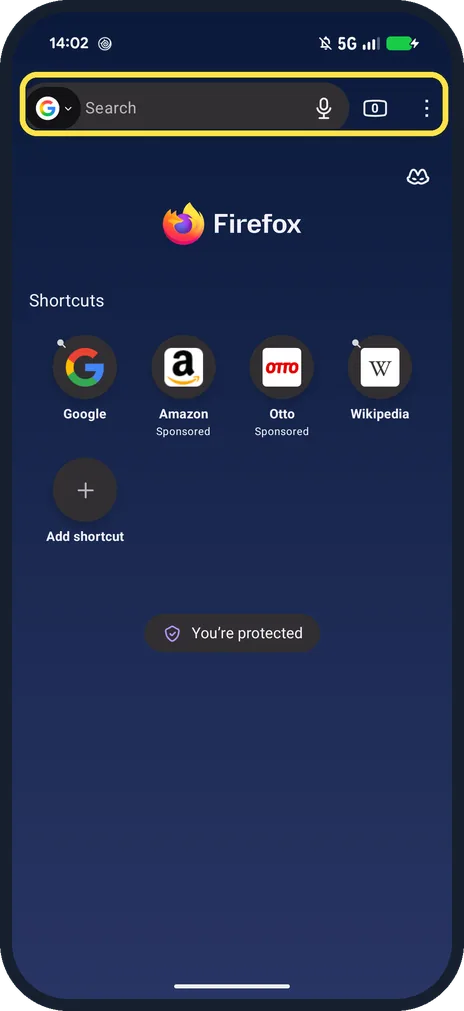 Android screenshot: Firefox search bar
