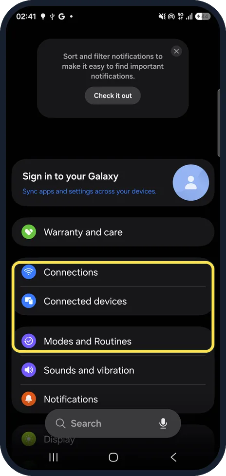 Android screenshot: Settings on our Galaxy A57
