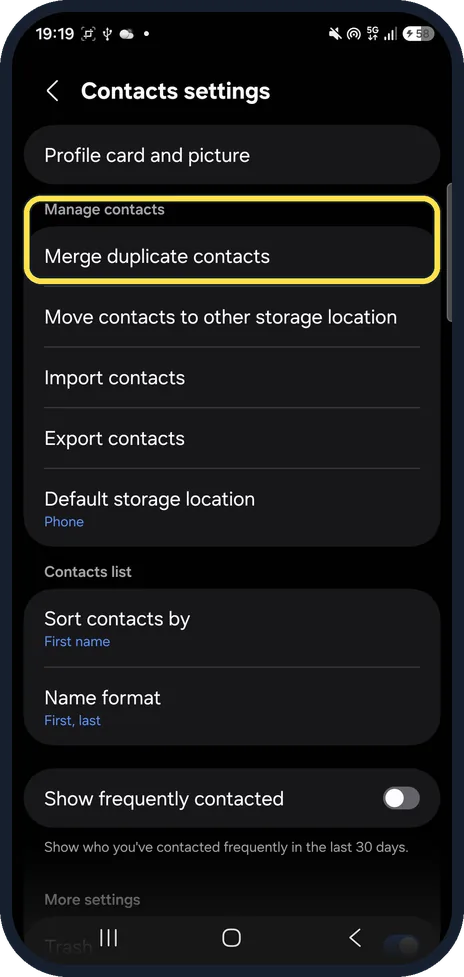 Android screenshot: Manage contacts section in Contacts settings