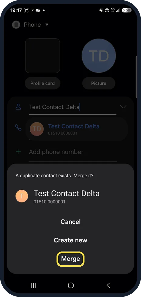 Android screenshot: Merge in the duplicate prompt