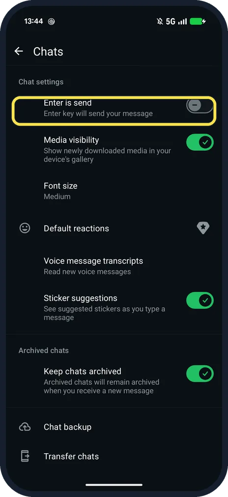 Android screenshot: Enter is send