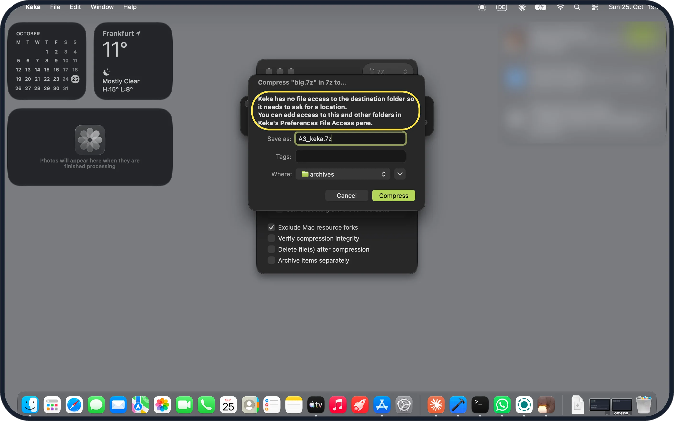 Mac screenshot: Keka has no file access to the destination folder