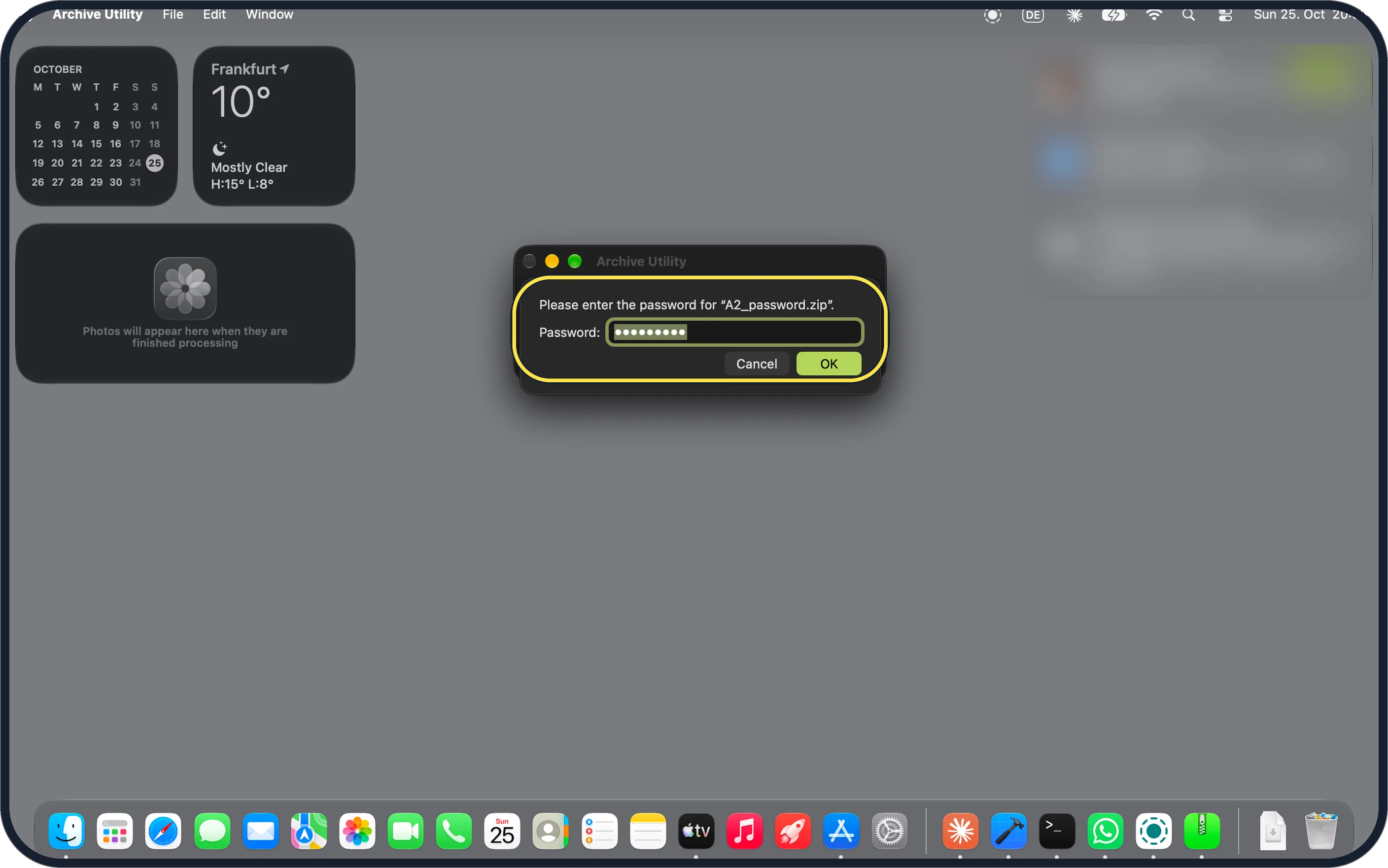Mac screenshot: Password box again with the dots selected