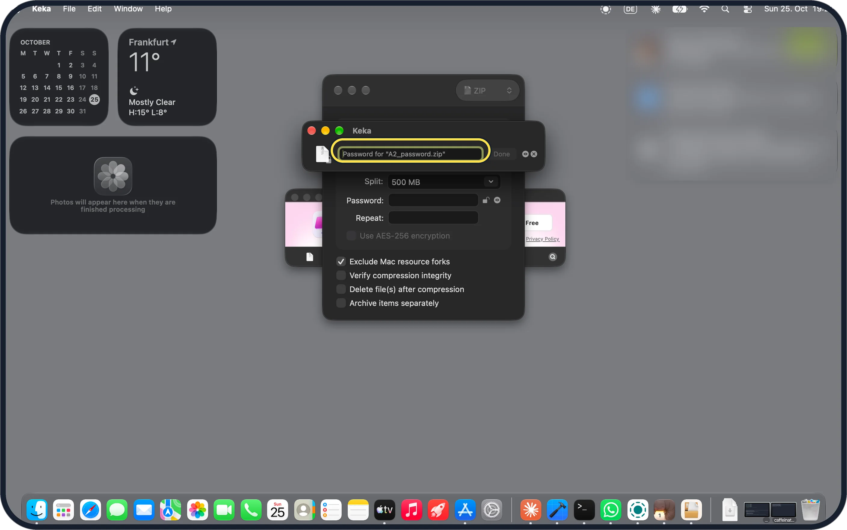 Mac screenshot: Keka password box