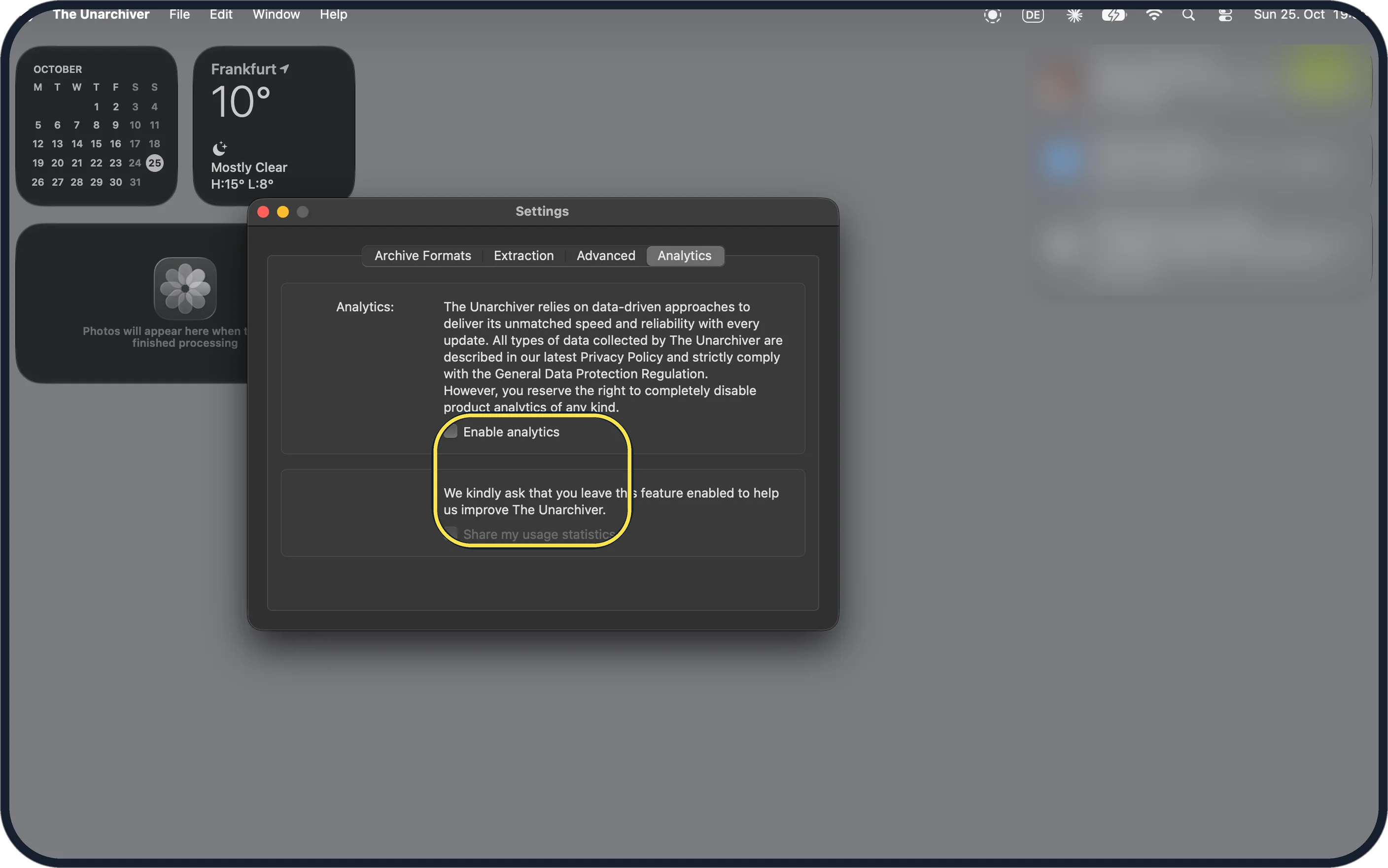 Mac screenshot: Enable analytics unticked