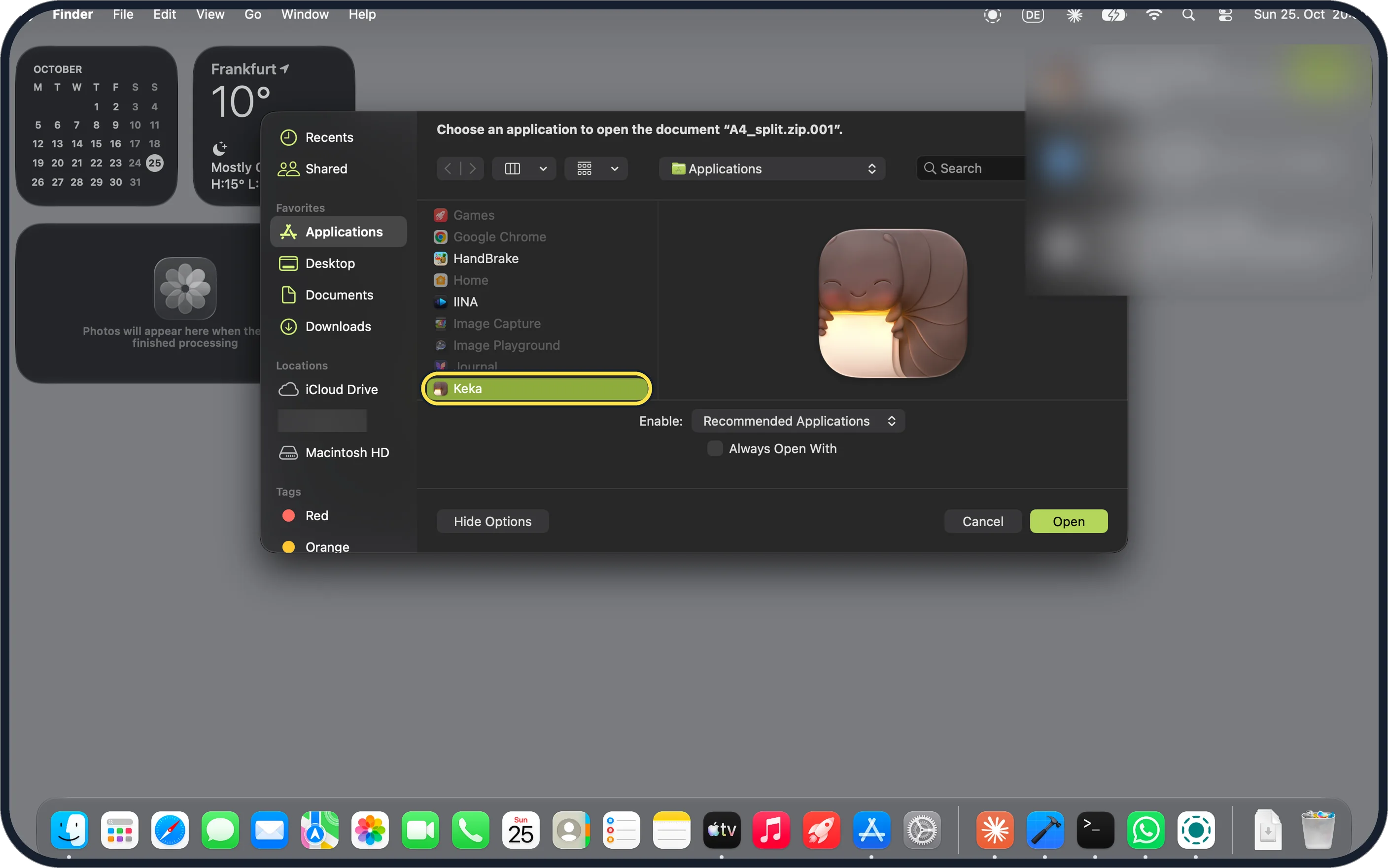 Mac screenshot: Keka picked in Applications