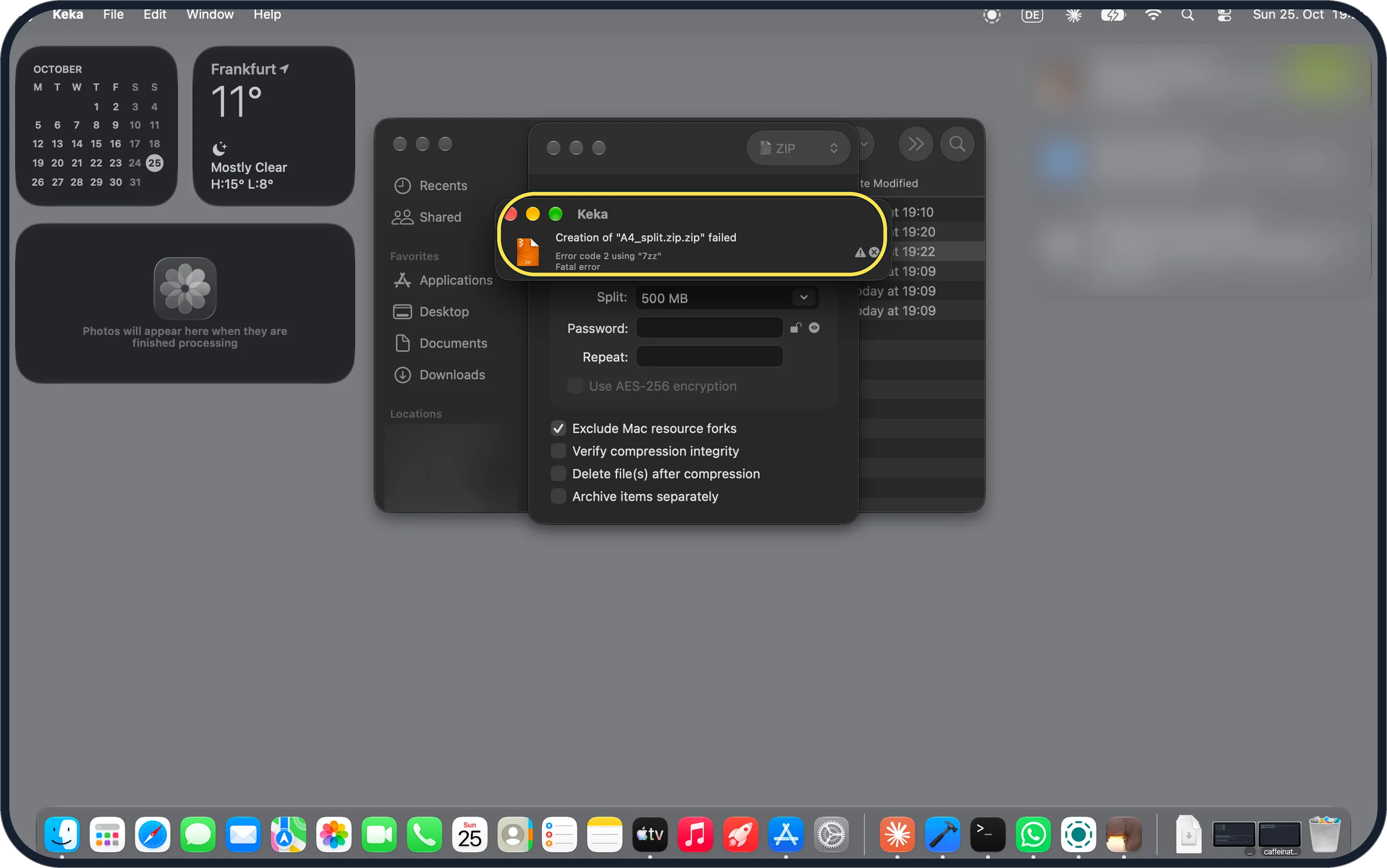 Mac screenshot: Error code 2 using 7zz