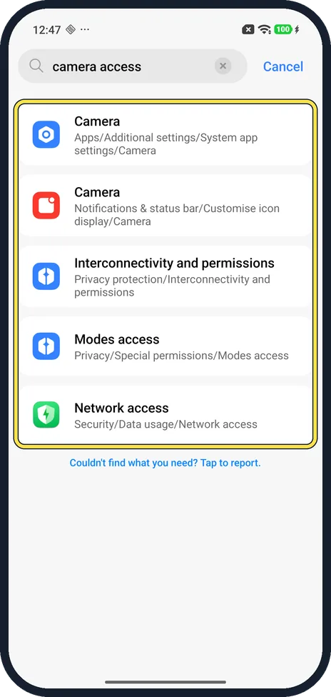Android screenshot: Settings search for camera access on our Redmi