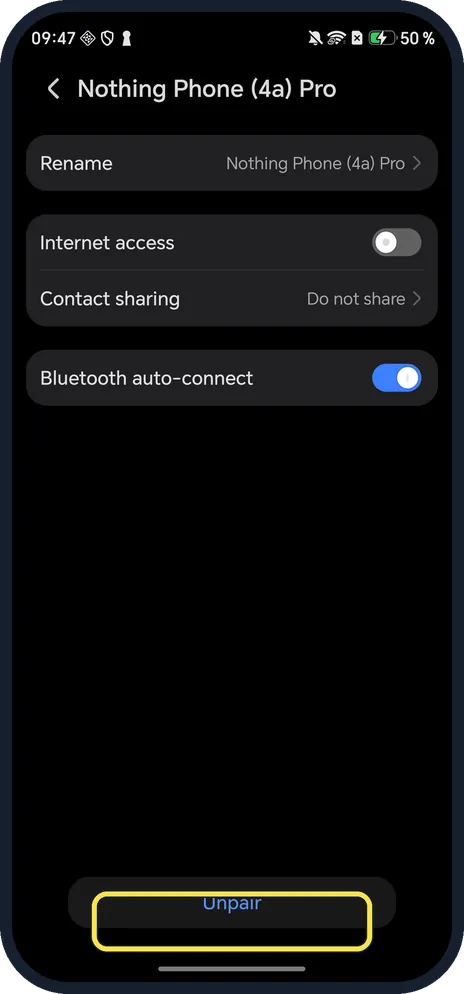 Android screenshot: Unpair