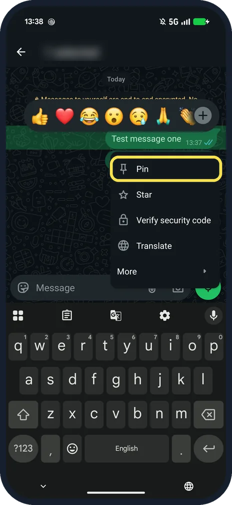 Android screenshot: Pin under More
