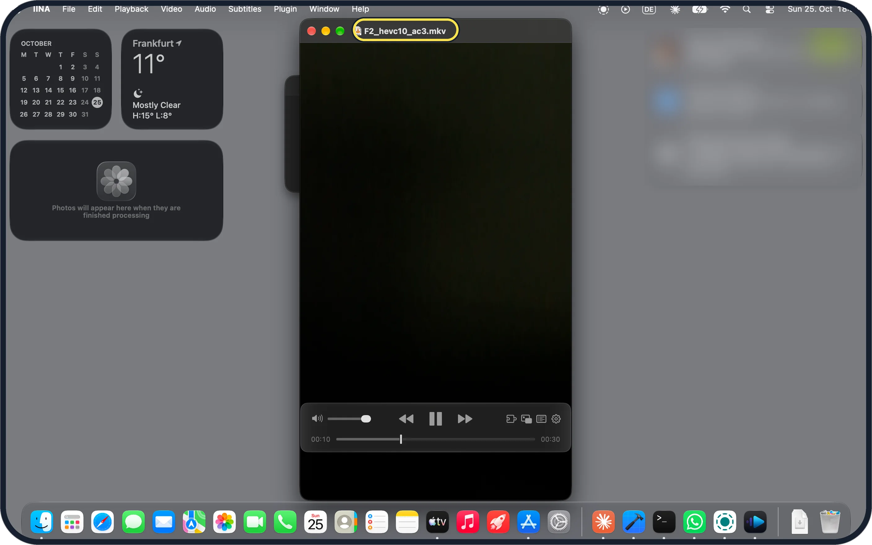 Mac screenshot: F2_hevc10_ac3.mkv in IINA
