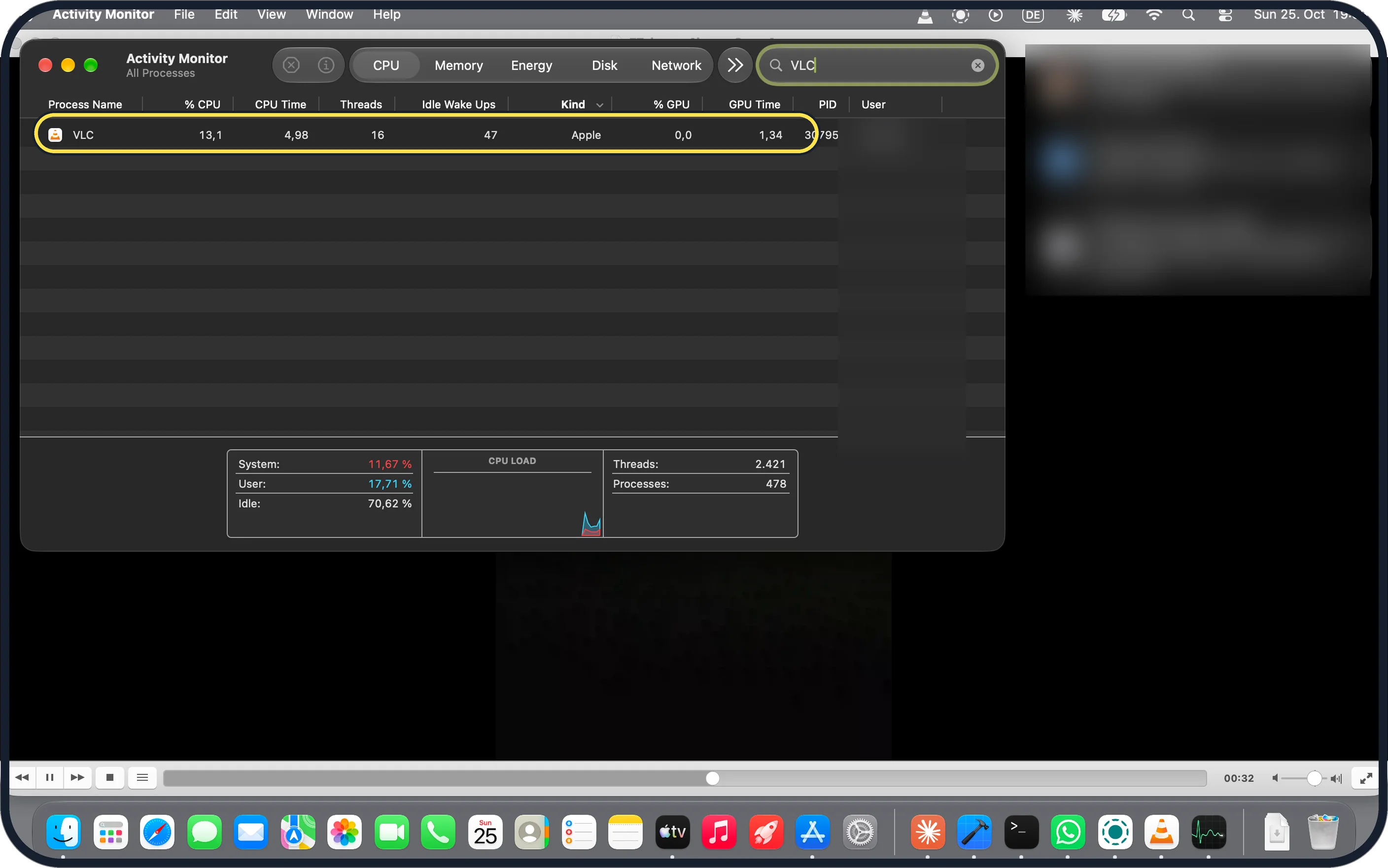 Mac screenshot: VLC 13,1 % CPU