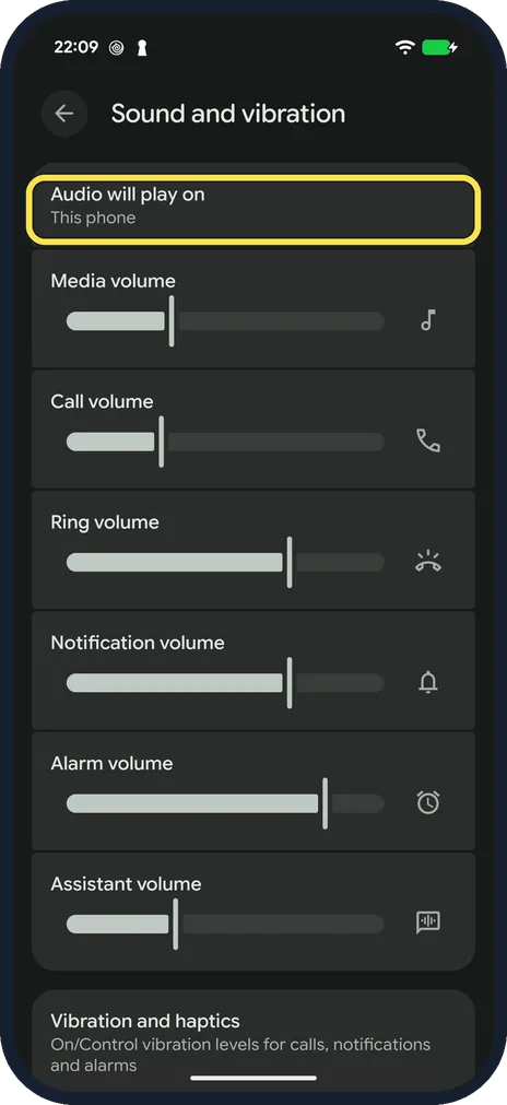 Android screenshot: Sound and vibration on a Pixel 10a