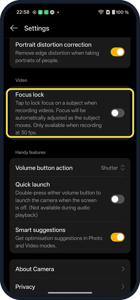 Android screenshot: Focus lock in Camera Settings on our OnePlus Nord 5