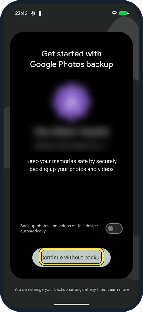 Android screenshot: Google Photos backup setup on a Pixel 10a