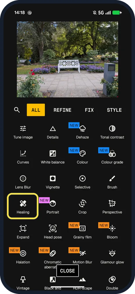 Android screenshot: Healing in the Tools list
