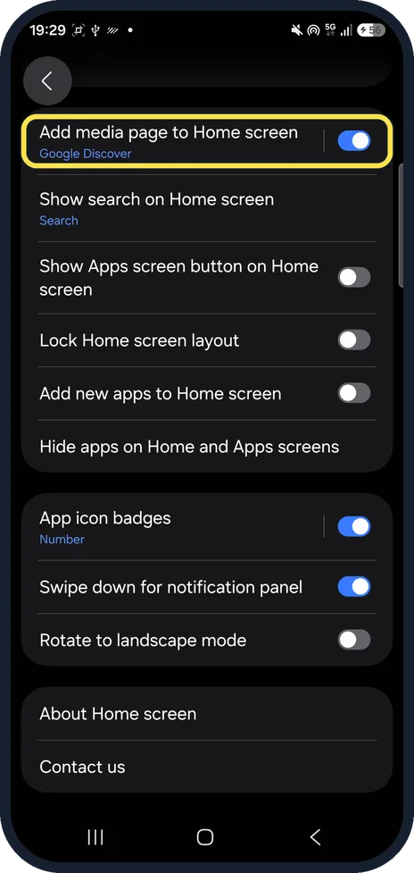 Android screenshot: Add media page to Home screen